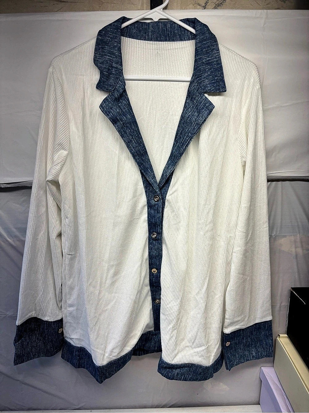 Contrast Trim Button-Down Top in White & Blue